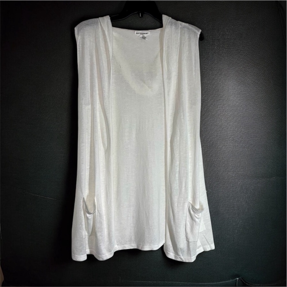 Artisan Ny White Relaxed Open Front Hooded Sleeveless Cardigan with Pockets L